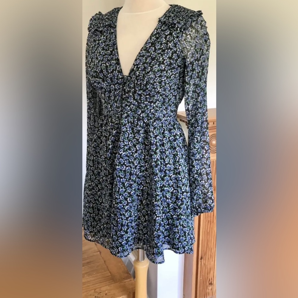 ZARA Blue Black Floral Printed Mini Dress Size Large.